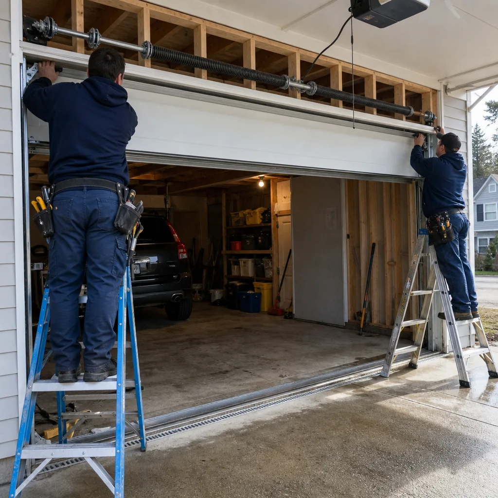 Two professional technicians performing a residential garage door installation