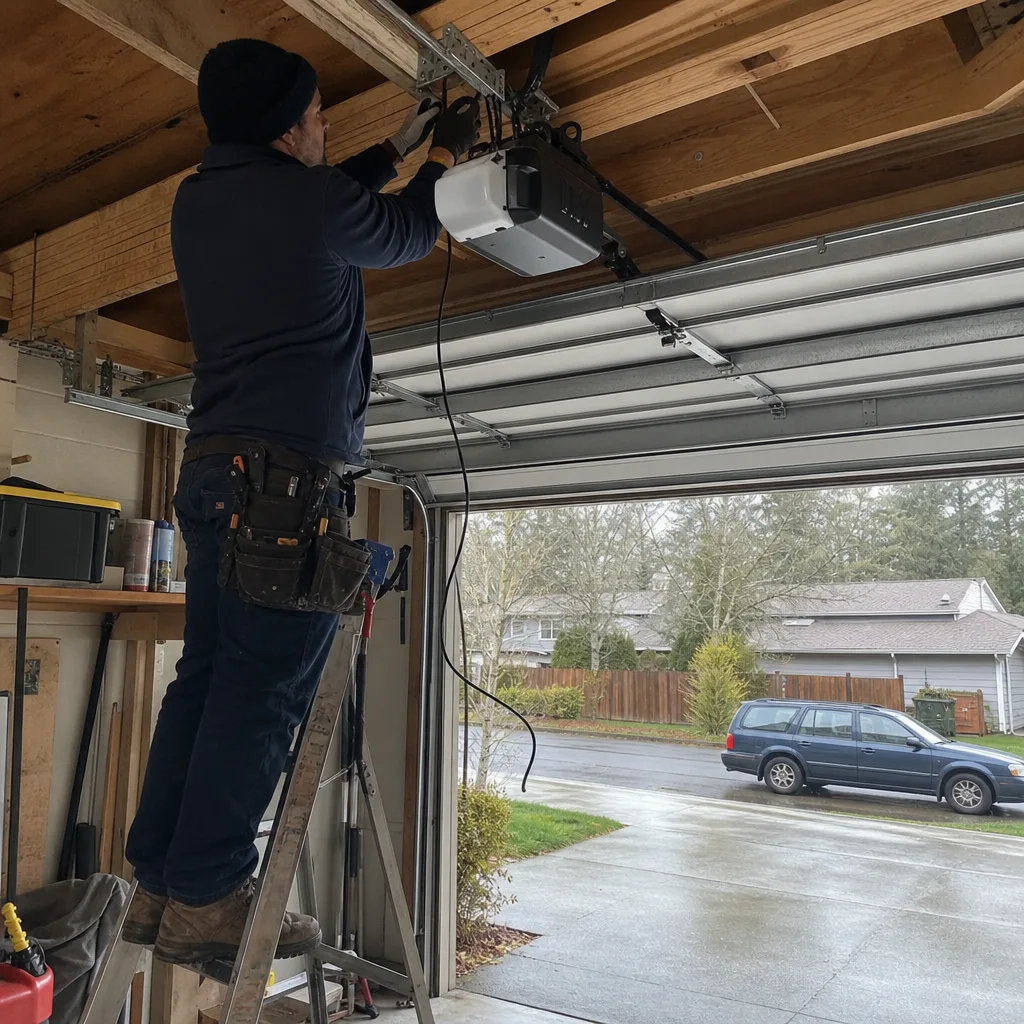 Technician performing professional garage door opener repair and installation services