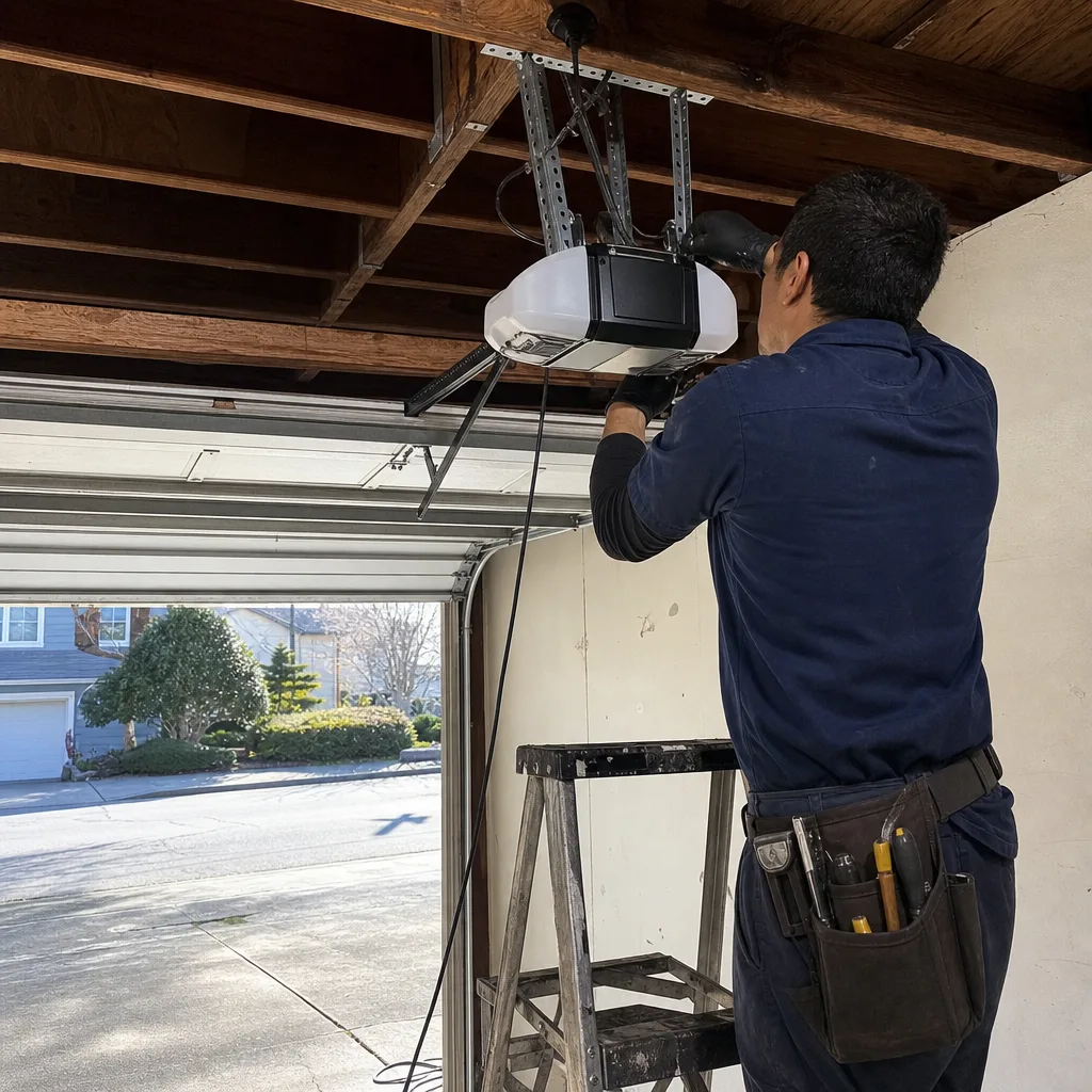 Technician performing garage door opener installation and repair