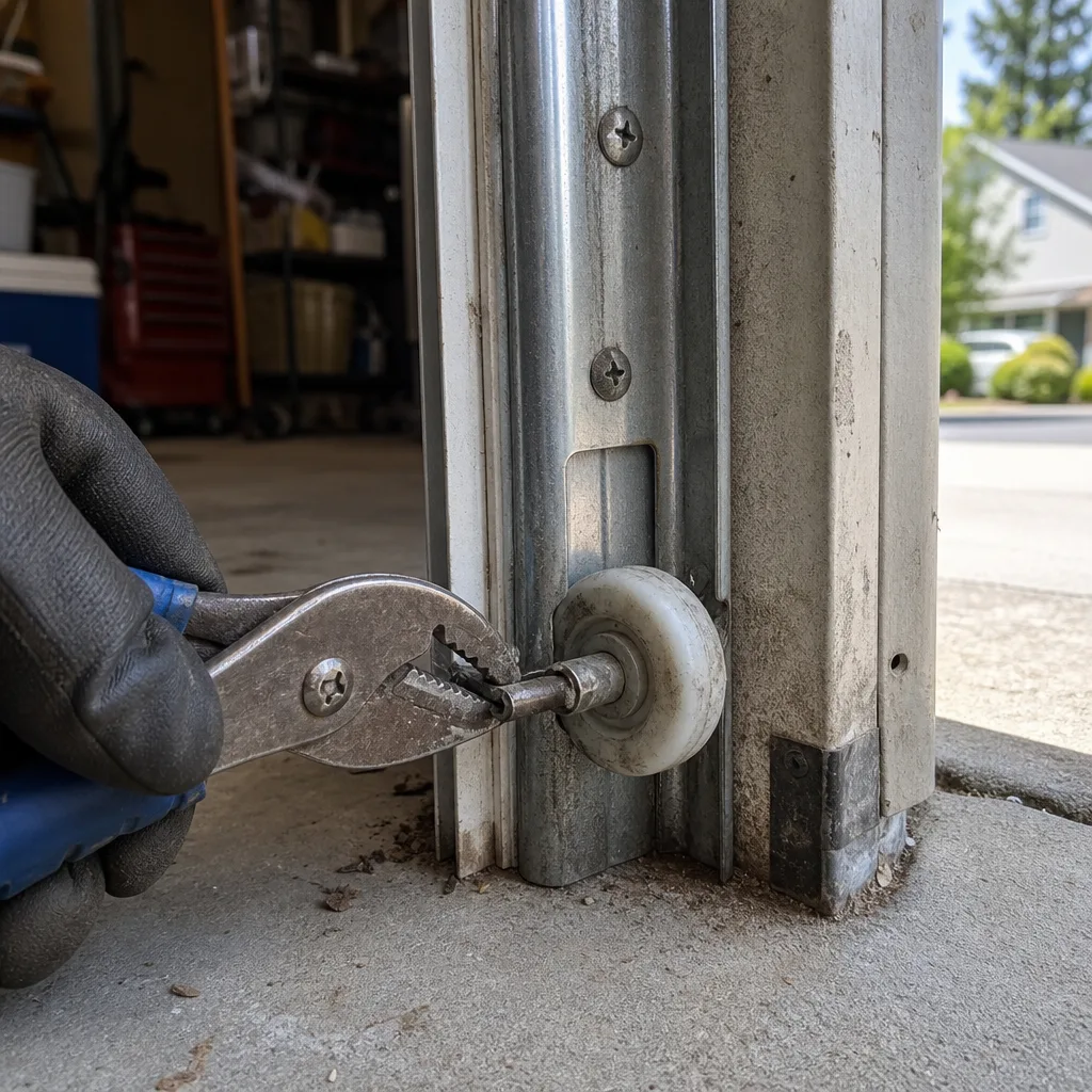 Technician using pliers to repair a garage door roller on track