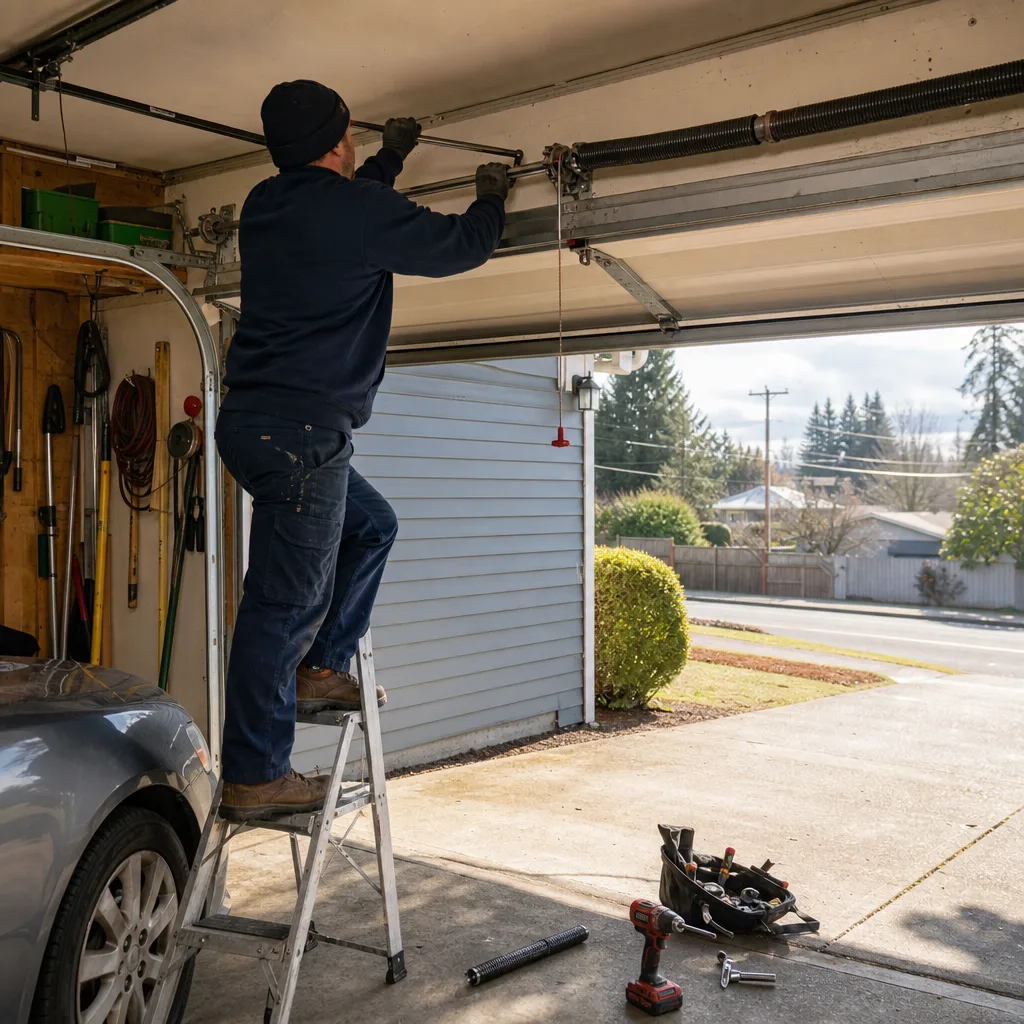 Technician performing professional garage door spring repair and maintenance.