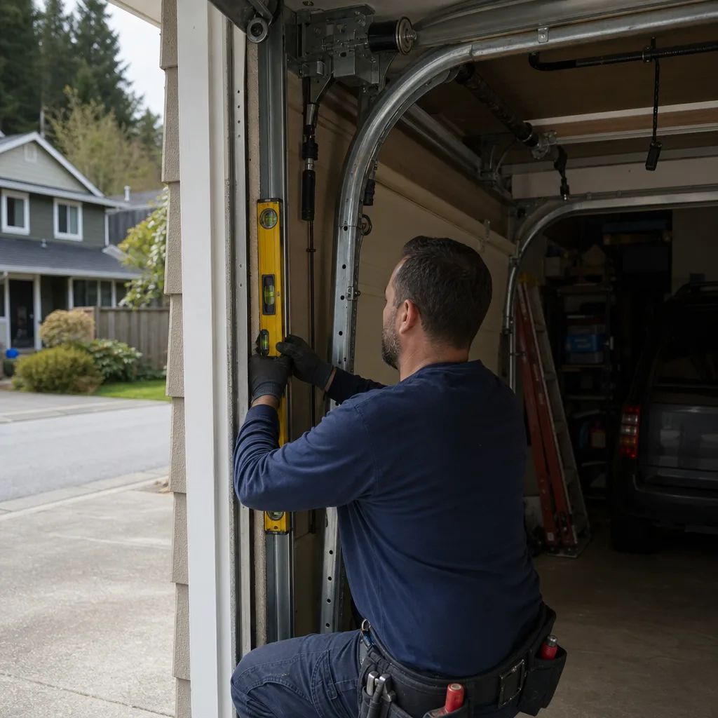Technician checking vertical alignment of a garage door track with a level